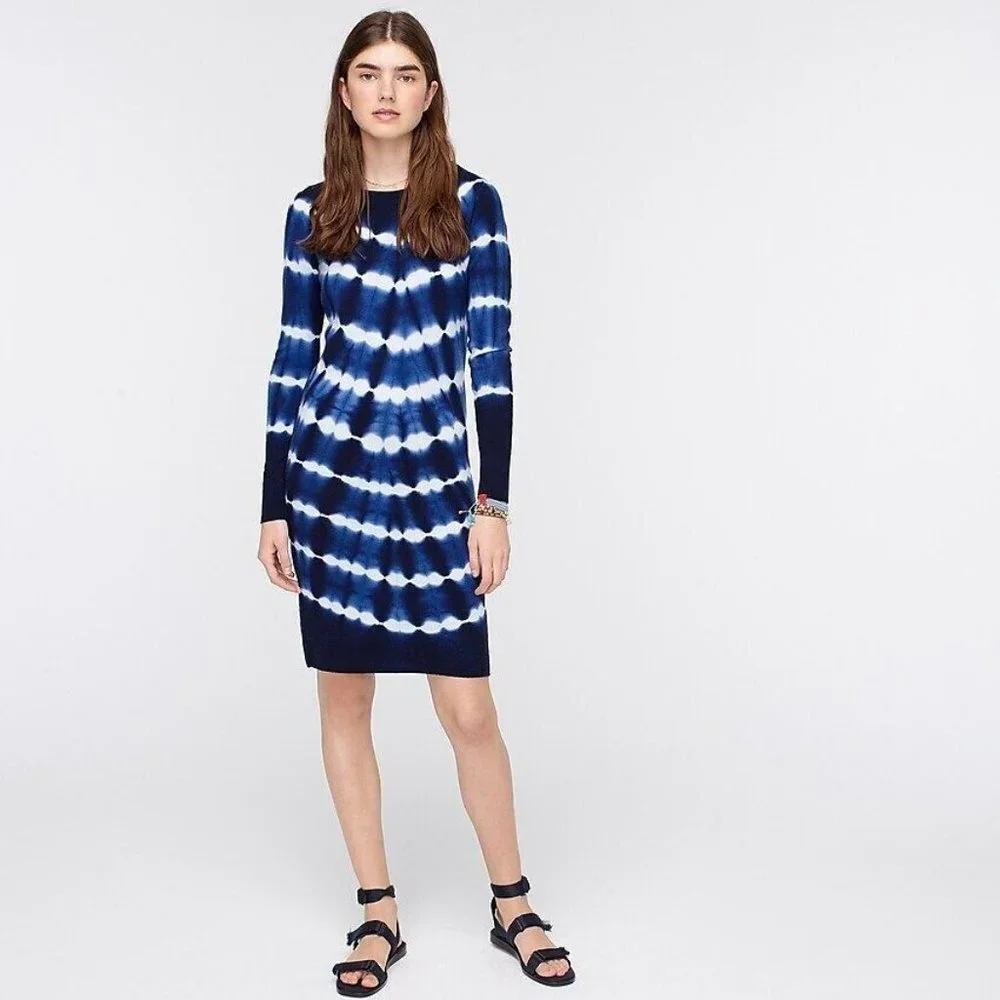 NWT J.Crew Long-sleeve Tie-dyed Cashmere Crewneck Dress in Classic Navy Sky XS